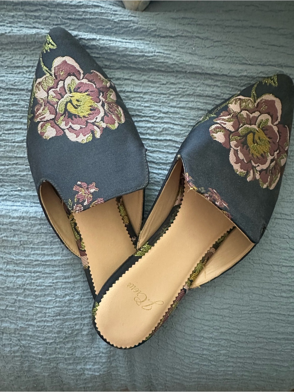 Pointed Black Floral Embroidered Slip-On Mules - J Crew Size 7